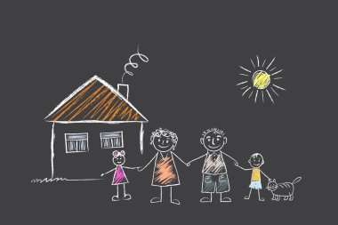 Family - girl and boy, mom and dad, cat, house, sun. draws child's hand with chalk on pavement or on  blackboard.