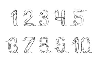 Arapça rakamlar. Bir dizi dekoratif sayı, sürekli bir çizgi ile çizilmiş. Vektör illüstrasyonu beyaz arkaplanda izole edildi.