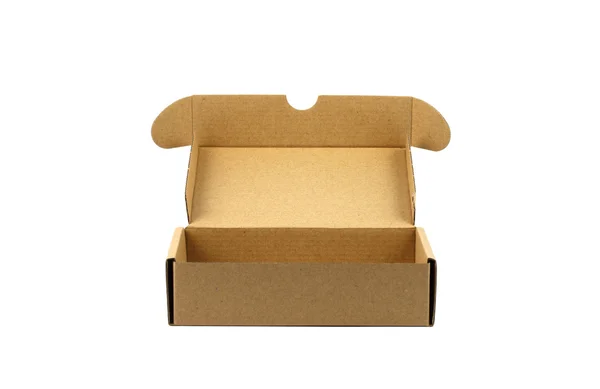 Vorderseite der braunen Schachtel mit weißem Hintergrund — Stockfoto