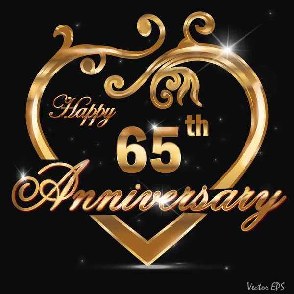 65 verjaardag gouden jaaraanduiding, 65e verjaardag decoratieve gouden hart — Stockvector