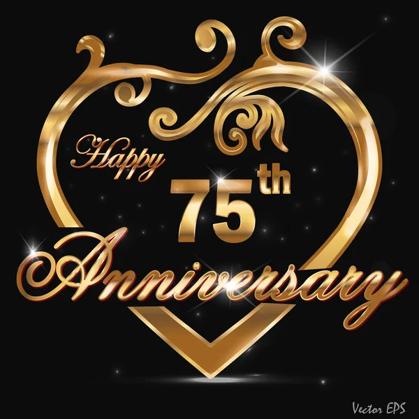 75year anniversary golden label, 75th anniversary decorative golden heart — Stockvector