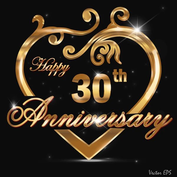 30 year anniversary golden label, 30th anniversary decorative golden heart — Stock Vector