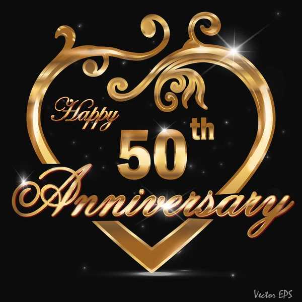 50 años aniversario etiqueta de oro, 50 aniversario corazón de oro decorativo — Vector de stock