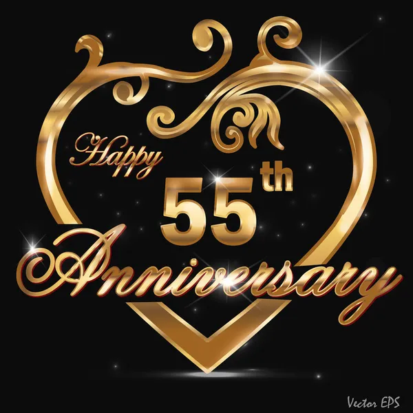 Etiqueta dourada de aniversário de 55 anos, coração dourado decorativo de 55 anos — Vetor de Stock
