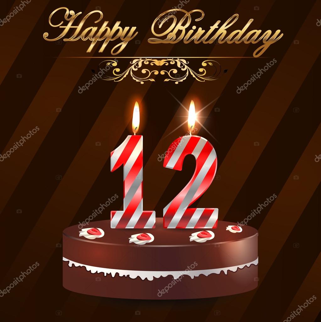12 Jahre Happy Birthday hart mit Kuchen und Kerzen, 12. Geburtstag - Vektor eps10 — Stockvektor
