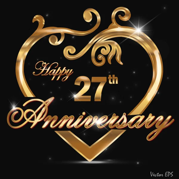 27 year anniversary golden heart design card — Stock Vector