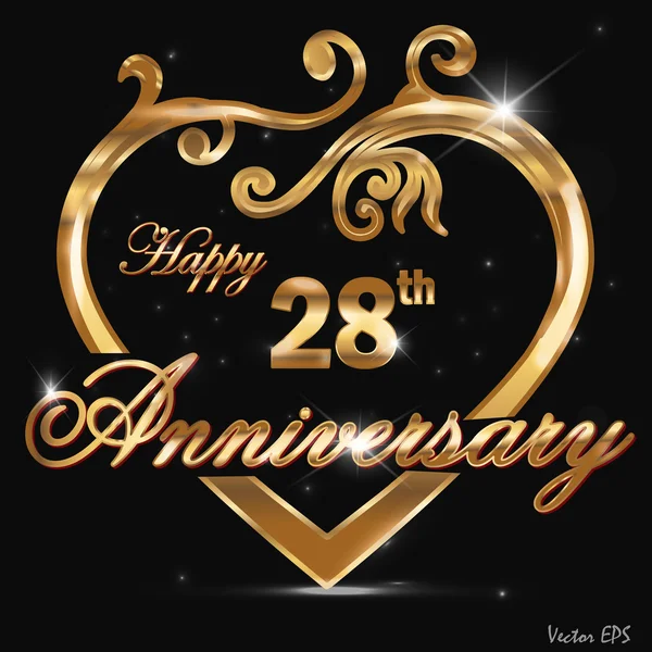 28 year anniversary golden heart design card — Stock Vector