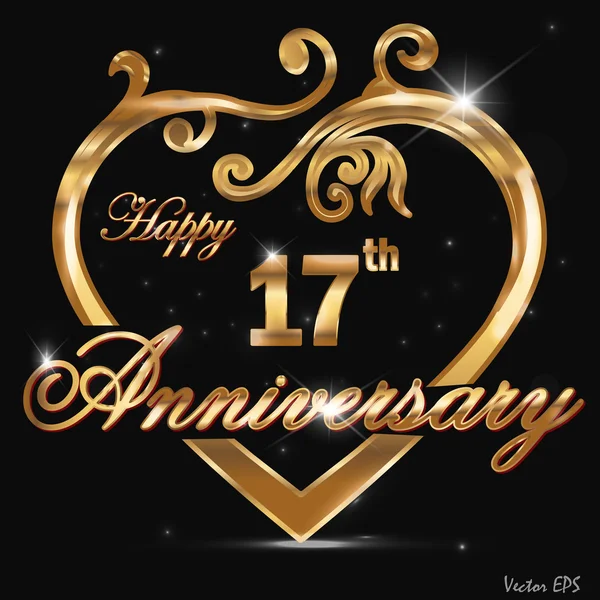 17 year anniversary golden heart design card — Stock Vector