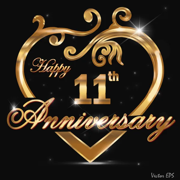 11 year anniversary golden heart design card — Stock Vector