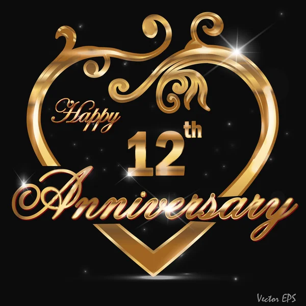 12 year anniversary golden heart design card — Stock Vector