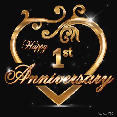 1 yıl altın yıldönümü etiket, 1st anniversary dekoratif altın kalp