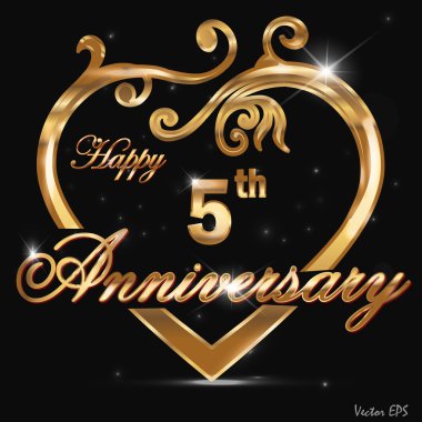 5 Year anniversary golden label, 5th anniversary decorative golden heart clipart