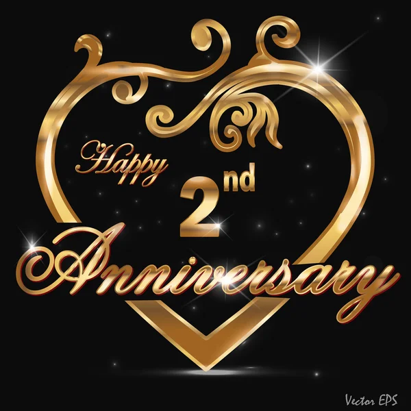 Rótulo dourado de aniversário de 2 anos, segundo aniversário coração dourado decorativo — Vetor de Stock