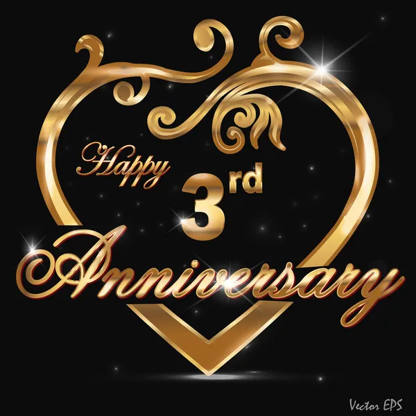Étiquette dorée 3 ans, coeur doré décoratif 3ème anniversaire — Image vectorielle