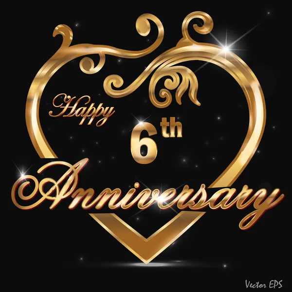 6 verjaardag gouden jaaraanduiding, 6de verjaardag decoratieve gouden hart — Stockvector