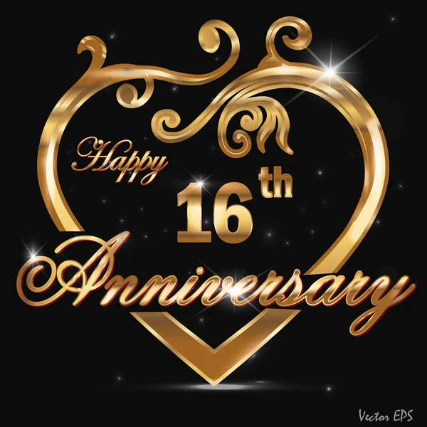 16 év jubileumi arany címke, tizenhatodik születésnapját dekoratív arany szíve — Stock Vector
