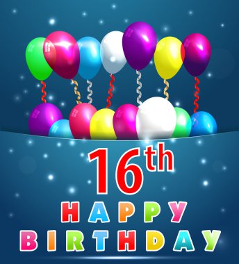 16 yıl mutlu bir doğum günü kartı ile balonlar ve kurdeleler, 16th birthday - vektör eps1016 년 생일 축 하 카드 풍선, 리본, 16 번째 생일-벡터 eps10