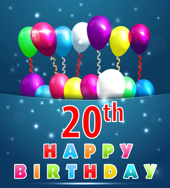 20 yıl mutlu bir doğum günü kartı ile balonlar ve kurdeleler, 20th doğum - vektör eps10 — Stok Vektör