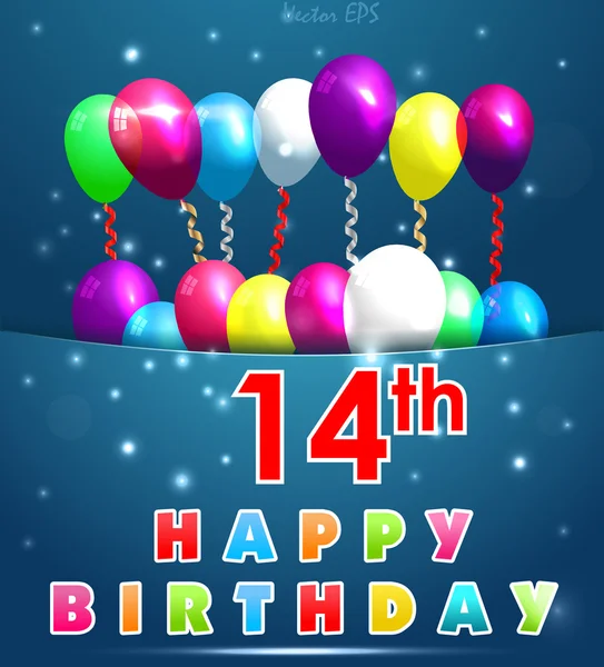 การ์ดสุขสันต์วันเกิด 14 ปี พร้อมลูกโป่งและริบบิ้น วันเกิดครบรอบ 14 ปี - เวกเตอร์ EPS10 — ภาพเวกเตอร์สต็อก