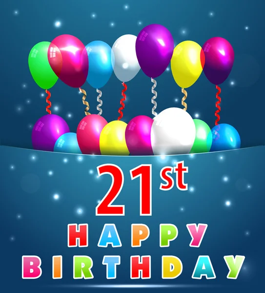 21 yıl mutlu bir doğum günü kartı ile balonlar ve kurdeleler, 21st birthday - vektör eps10 — Stok Vektör