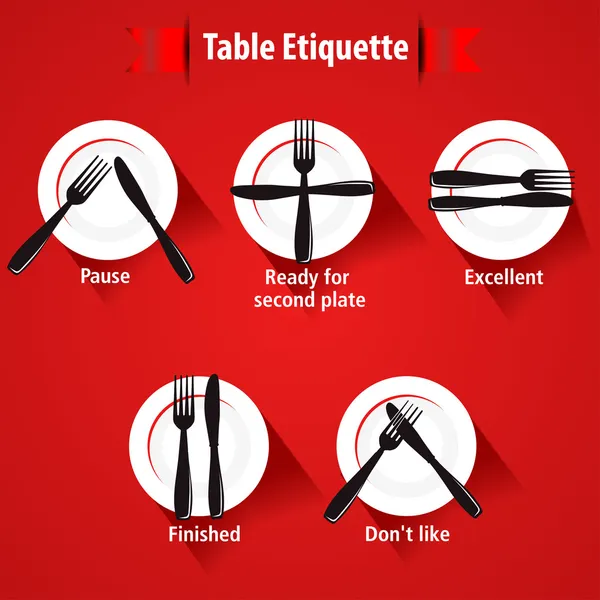 Mangiare galateo e modo tabella, forchette e coltelli segnalazioni- eps 10 vettore — Vettoriale Stock