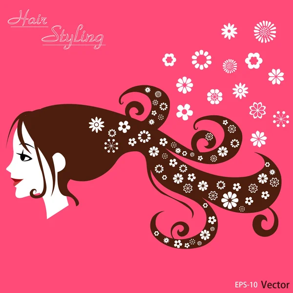 Φόντο με όμορφη κοπέλα σιλουέτα, μαλλιά γυναίκα με λουλούδια - διάνυσμα eps10 — Διανυσματικό Αρχείο