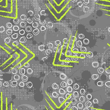 Geometrik elementler, yeşil oklar ve grunge dokusuyla soyut, dikişsiz spor deseni.