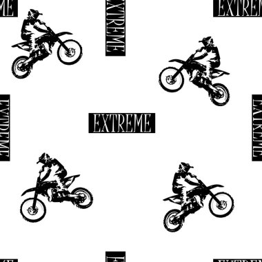 Siyah motokros. Motosikletli bir adam ve beyaz arka planda aşırı sesli bir mesajla kusursuz bir spor modeli..