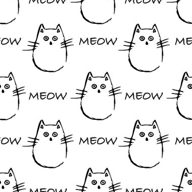   Beyaz arka planda mesaj miyavlayan siyah, sevimli kediler. Kusursuz desenli..