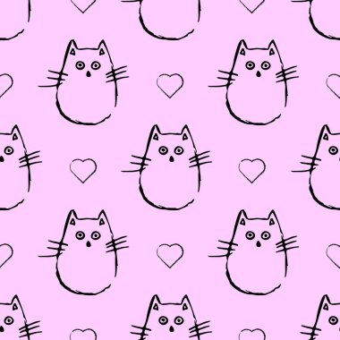 Pembe arka planda siyah çizgili kedi ve kalbi olan soyut, pürüzsüz bir desen.