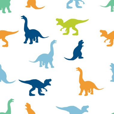 Beyaz arka planda çok renkli dinozorlar. Kusursuz desen. Çocuklar için Yazdır.