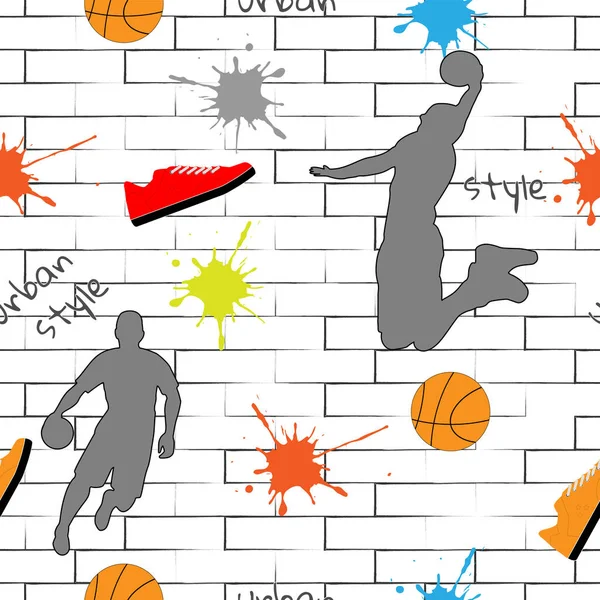 Nahtloses Muster Für Jungs Moderne Tapete Urbanen Stil Basketballspieler Turnschuhe — Stockvektor