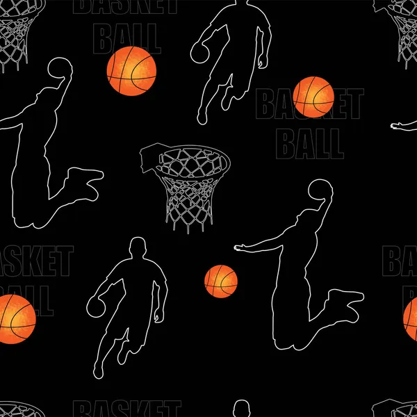 Бесшовный Спортивный Узор Баскетболистами Черном Фоне — стоковый вектор