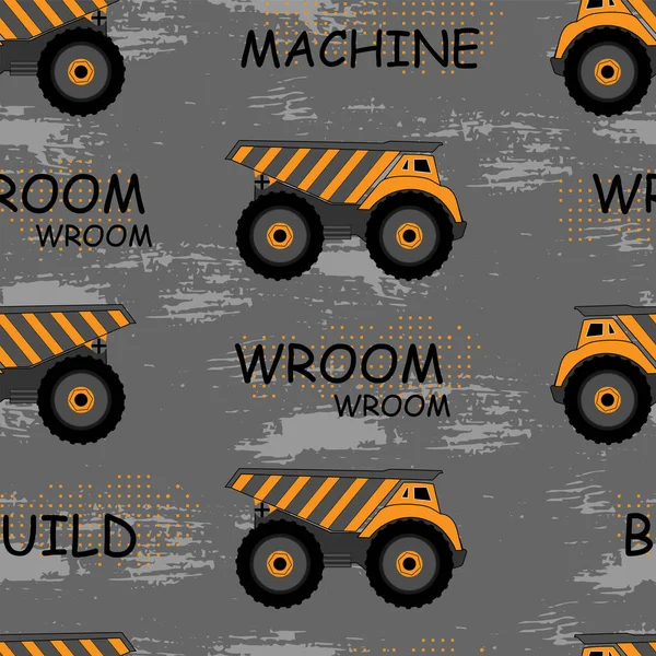 Seamless Pattern Orange Construction Machines Text Gray Grunge — Stock Vector