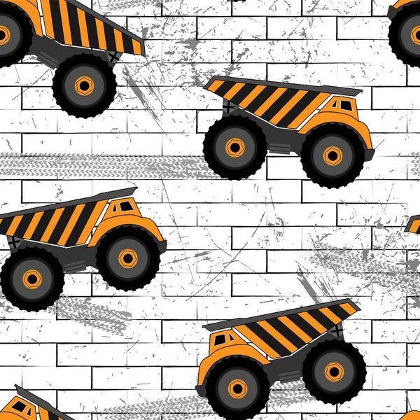 Seamless Pattern Boys Construction Machines Bricks Tire Track — Stock Vector