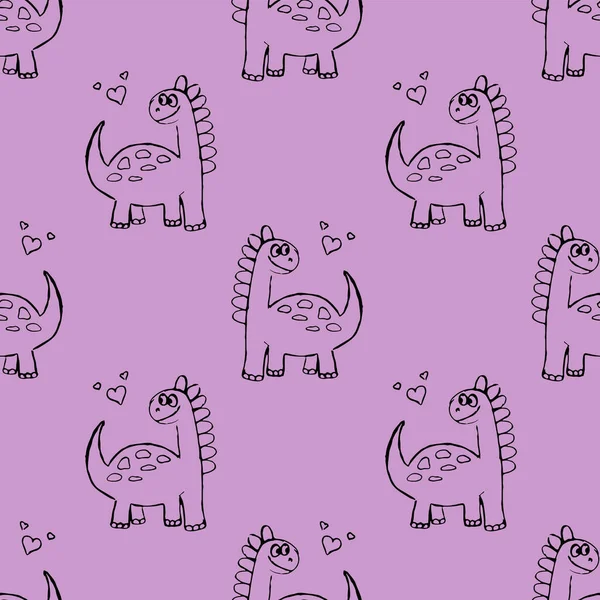 Cute Dinosaurs Girls Heart Purple Background Seamless Pattern — Stock Vector