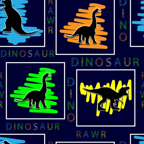 Patrón Dino Sin Costuras Para Niños Dinosaurios Zigzag Multicolor Texto — Archivo Imágenes Vectoriales