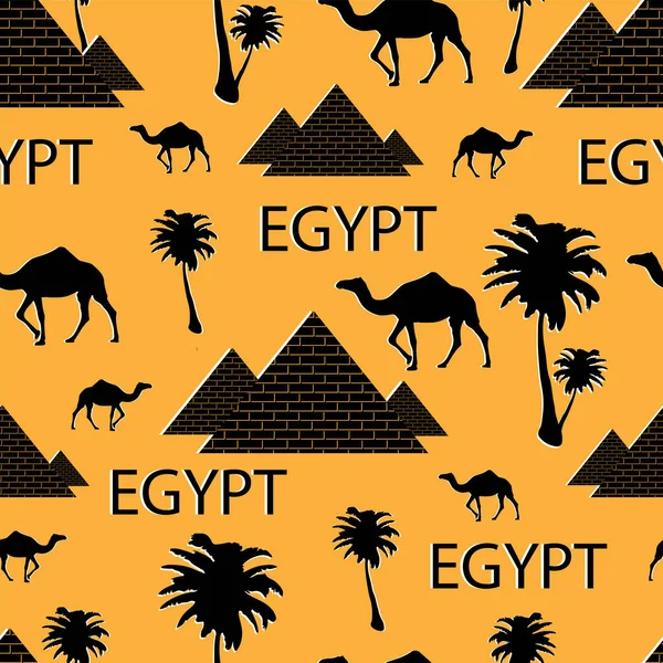 Naadloos Egyptisch Patroon Pyramiden Kamelen Palmen — Stockvector