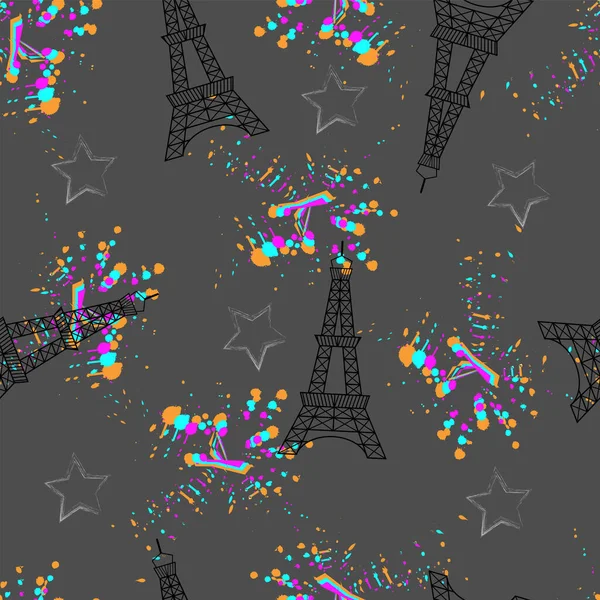 Padrão Sem Costura Abstrato Com Torre Eiffel Spray Multicolorido Fundo —  Vetores de Stock