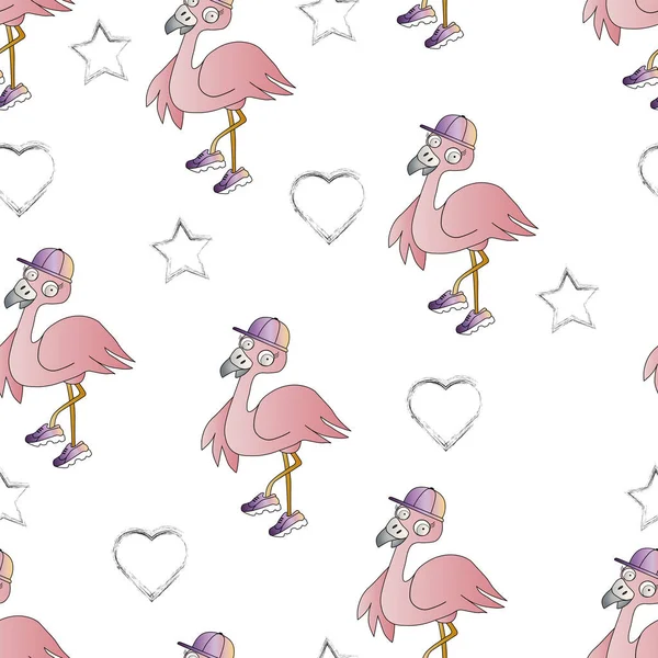 Padrão Sem Costura Abstrato Com Flamingos Frescos Boné Sapatilhas Corações — Vetor de Stock