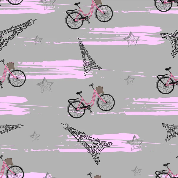 Абстрактний Безшовний Візерунок Жіночого Текстилю Ейфелева Вежа Зірки Велосипед — стоковий вектор