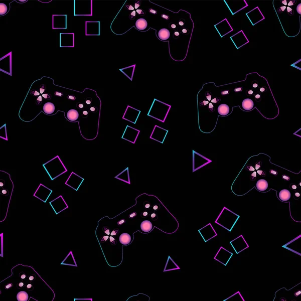 黒の背景にゲームジョイスティックと幾何学的な要素と明るいシームレスなパターン — ストックベクタ