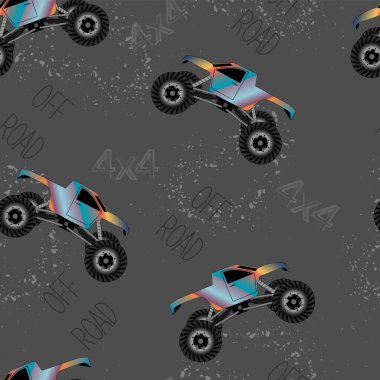 Gri arka planda renkli canavar kamyonları olan kusursuz bir model.