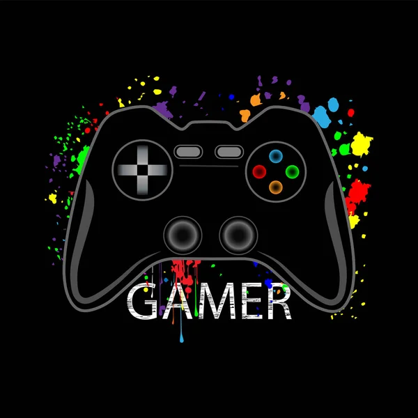 Ilustración Vectorial Con Joystick Juego Manchas Multicolores Gamer Texto — Archivo Imágenes Vectoriales