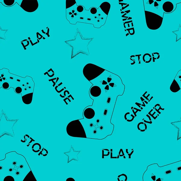 Game Joystick Sterren Tekst Blauwe Achtergrond Naadloos Stedelijk Patroon — Stockvector