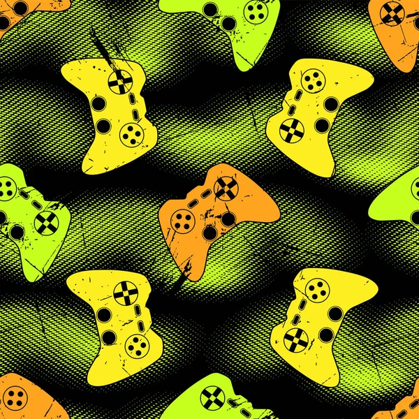 Patrón Grunge Sin Costuras Juego Con Joysticks Naranja Verde Amarillo — Archivo Imágenes Vectoriales