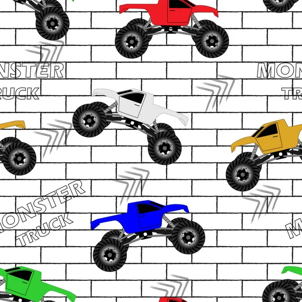 Multicolored Cars Monster Track White Bricks Text — Stock Vector