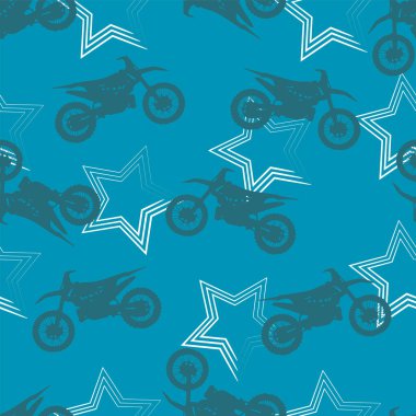 Mavi arka planda motosiklet ve beyaz yıldızlı kusursuz desen.