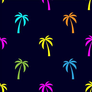 Çok renkli palmiye ağaçları olan soyut, pürüzsüz bir desen. Yaz baskısı
