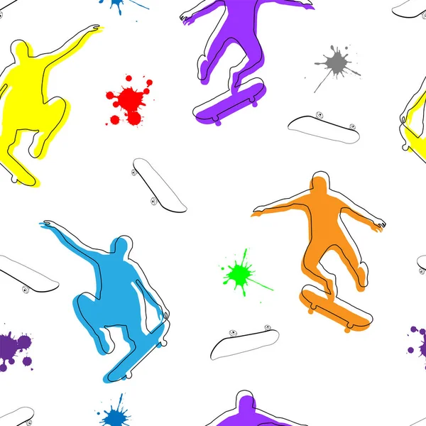 Soyut, pürüzsüz desen. Modern şehir tarzı. Beyaz arka planda çok renkli kaykaycılar, leke ve kaykay.